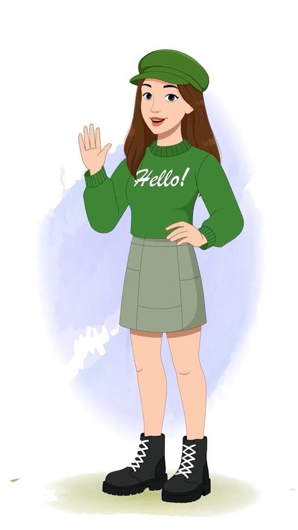 A young stylish woman in green sweater & miniskirt saying hi animated vector cartoon character AKA Julie