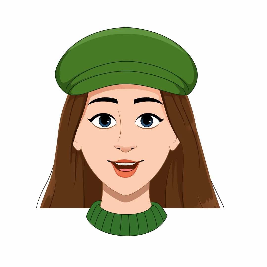 A young stylish woman face expression in green sweater animated vector cartoon character AKA Julie