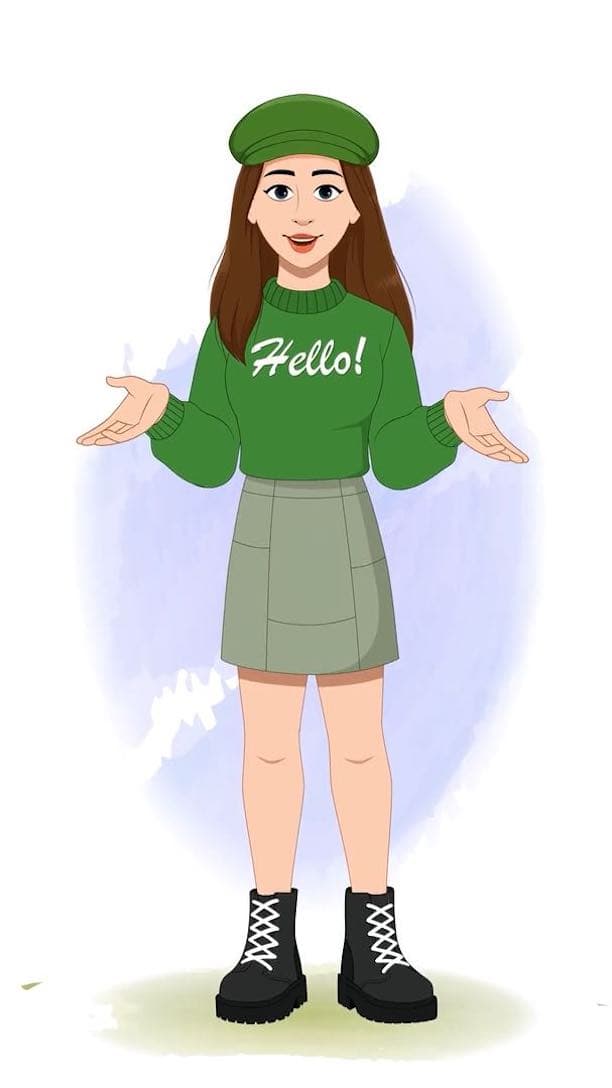 A young stylish woman in green sweater & miniskirt talking animated vector cartoon character AKA Julie