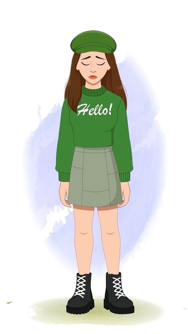 A sad young stylish woman in green sweater & miniskirt animated vector cartoon character AKA Julie