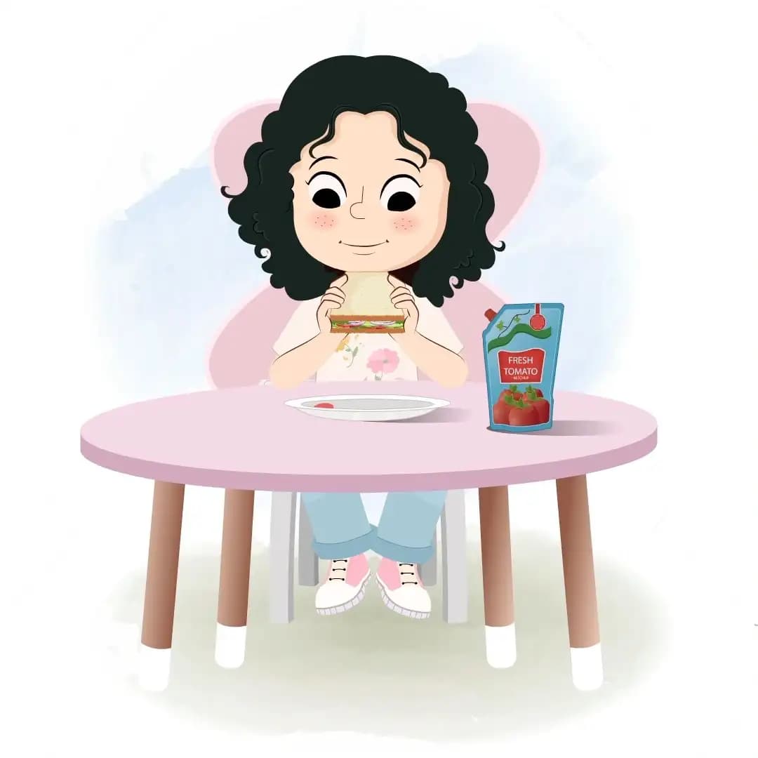 A curly hair girl animated cartoon character sitting at a table and eating a sandwich aka rita