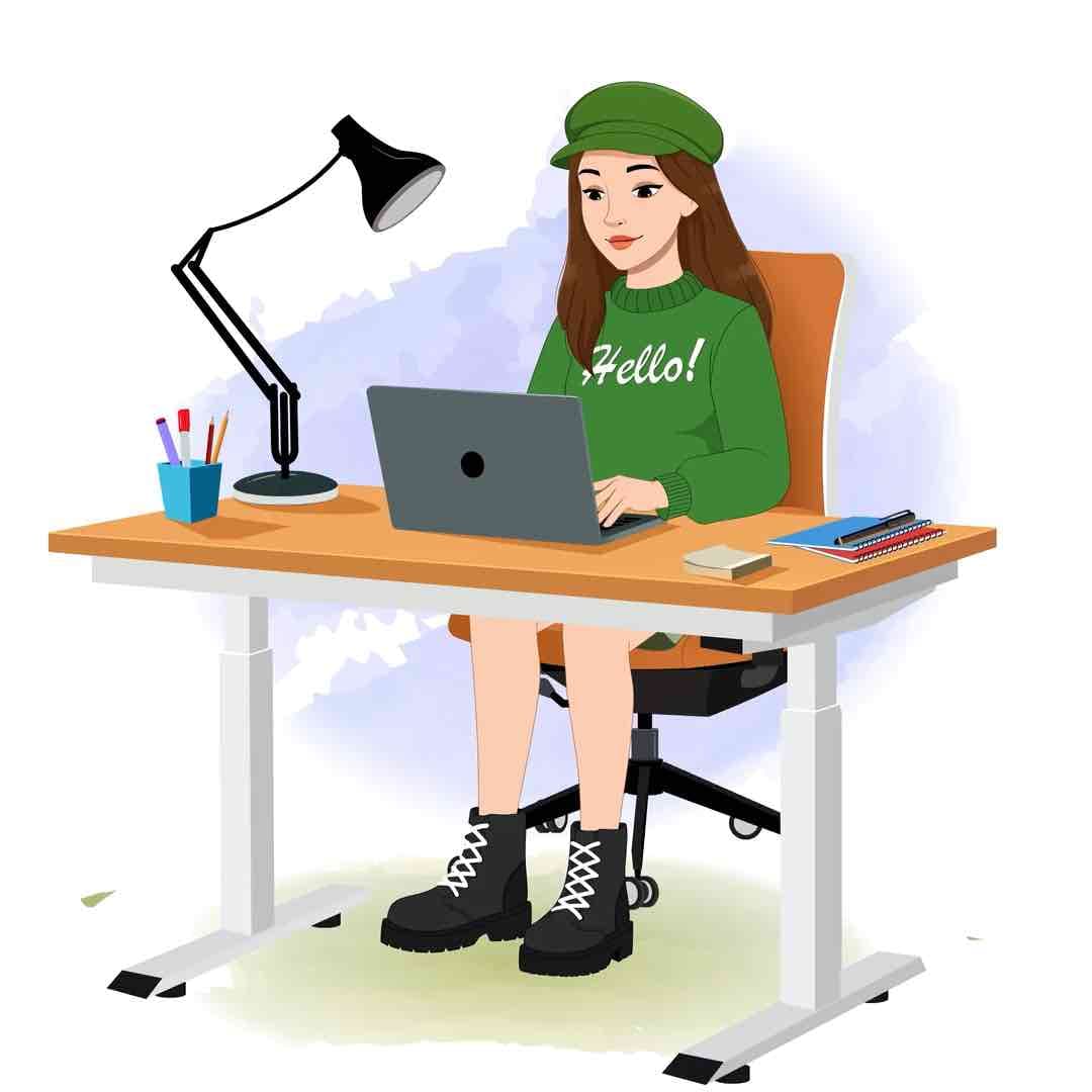 A young stylish woman in green sweater & miniskirt working on laptop animated vector cartoon character AKA Julie