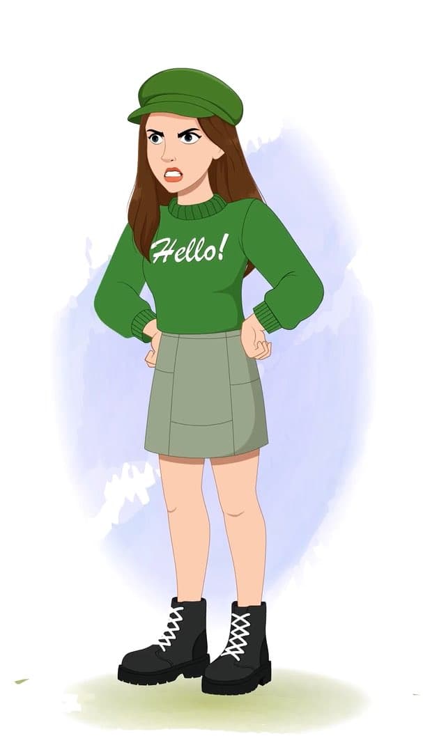 An angry young stylish woman in green sweater & miniskirt animated character cartoon vector AKA Julie