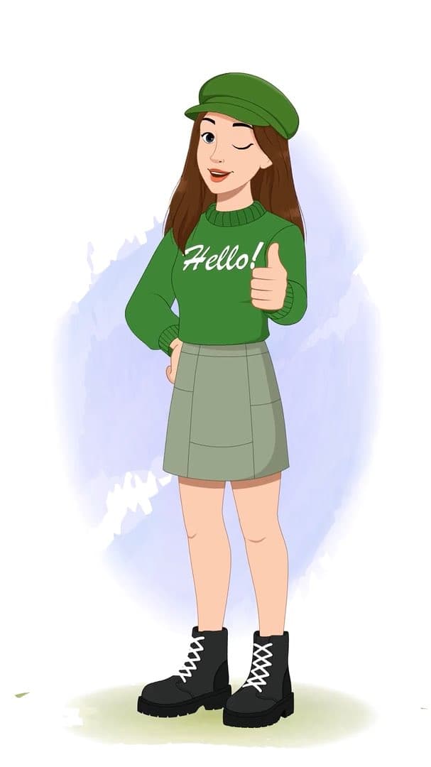 A young stylish woman in green sweater & miniskirt thumbs up animated vector cartoon character AKA Julie