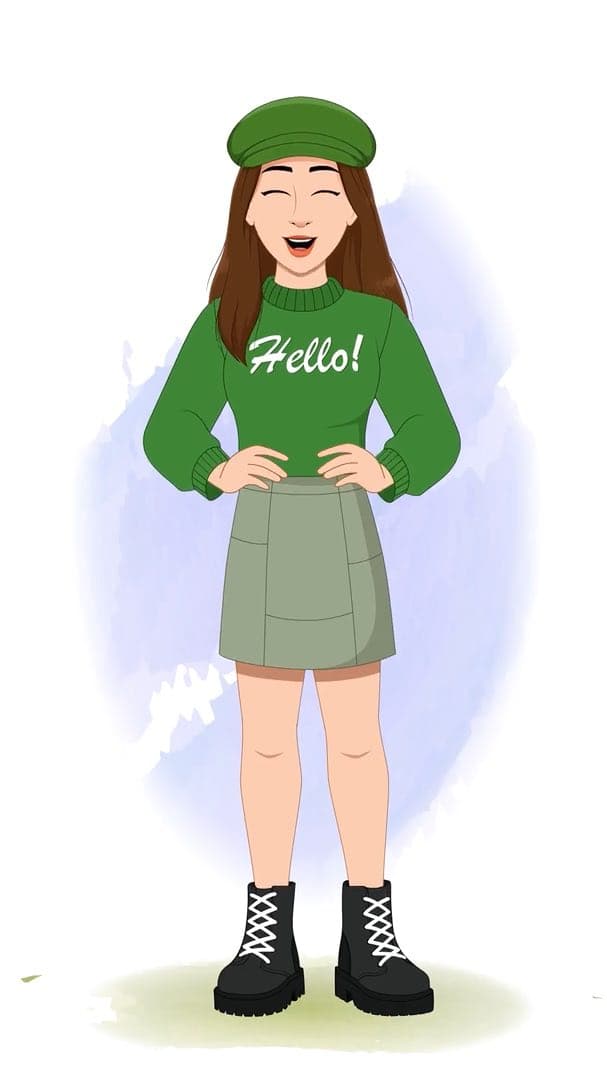A young stylish woman in green sweater & miniskirt laughing animated vector cartoon character AKA Julie
