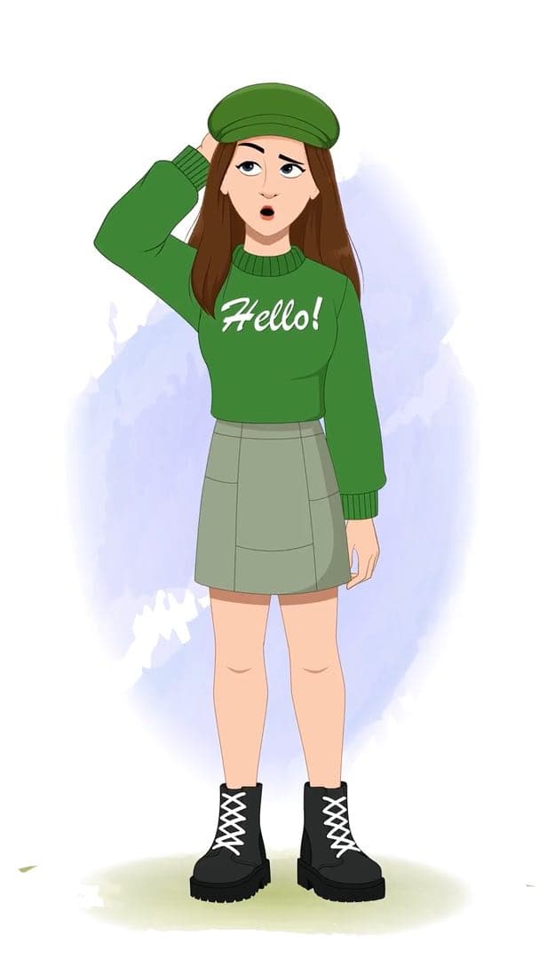 A confused young stylish woman in green sweater & miniskirt animated vector cartoon character AKA Julie