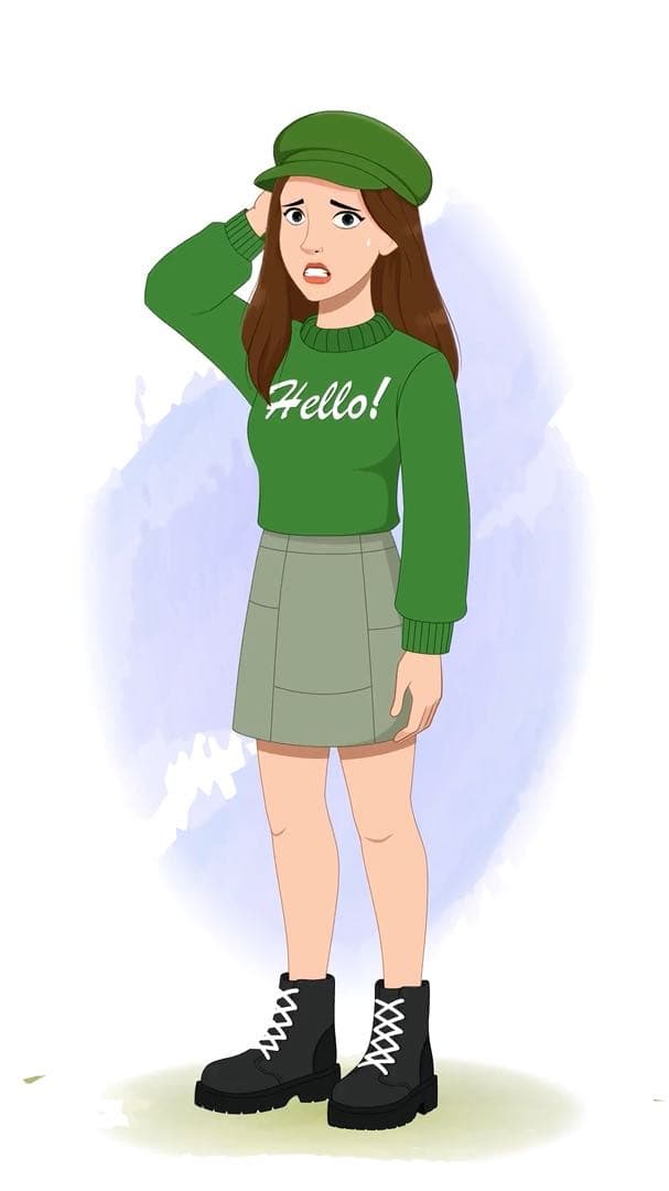 A nervous young stylish woman in green sweater & miniskirt animated character cartoon vector AKA julie