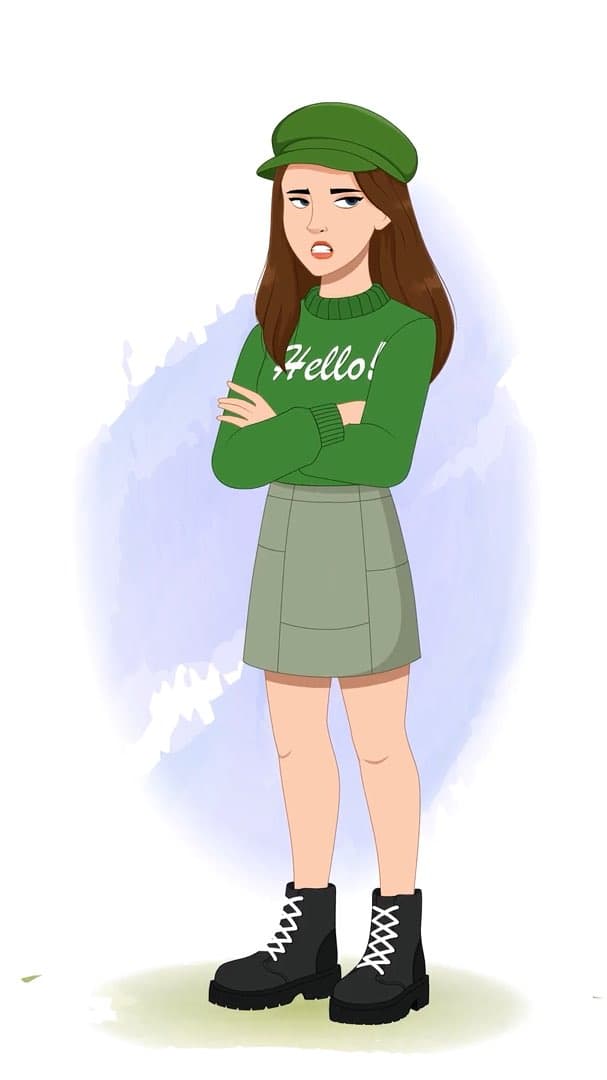 An annoyed young stylish woman in green sweater & miniskirt animated character cartoon vector AKA Julie
