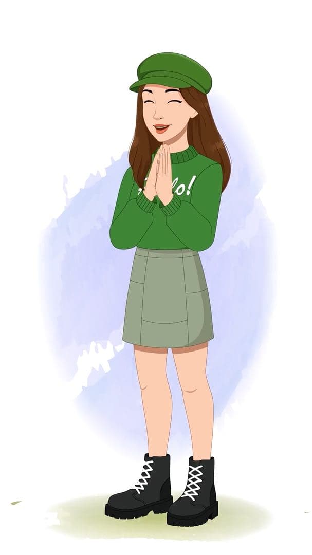 A young stylish woman in green sweater & miniskirt clapping animated vector cartoon character AKA Julie