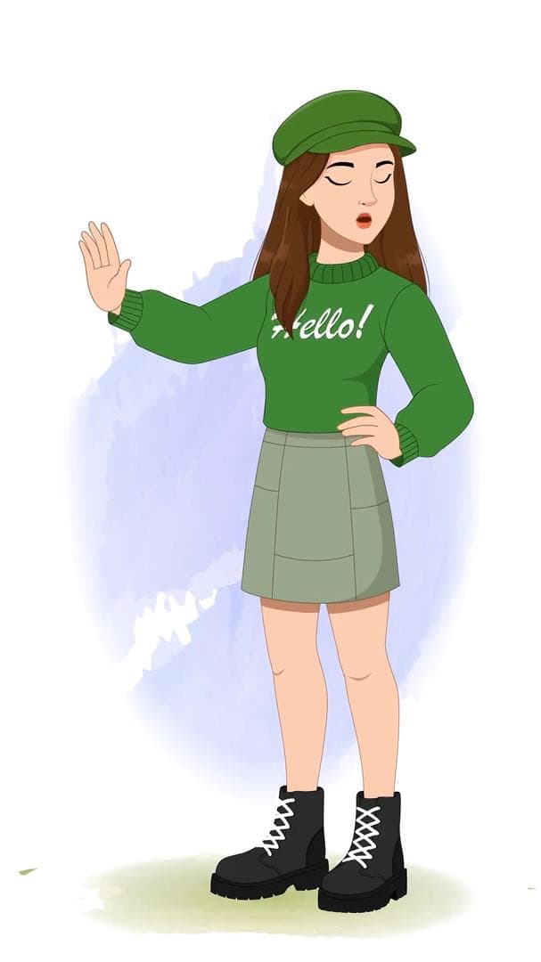 A young stylish woman in green sweater & miniskirt saying no animated vector cartoon character AKA Julie
