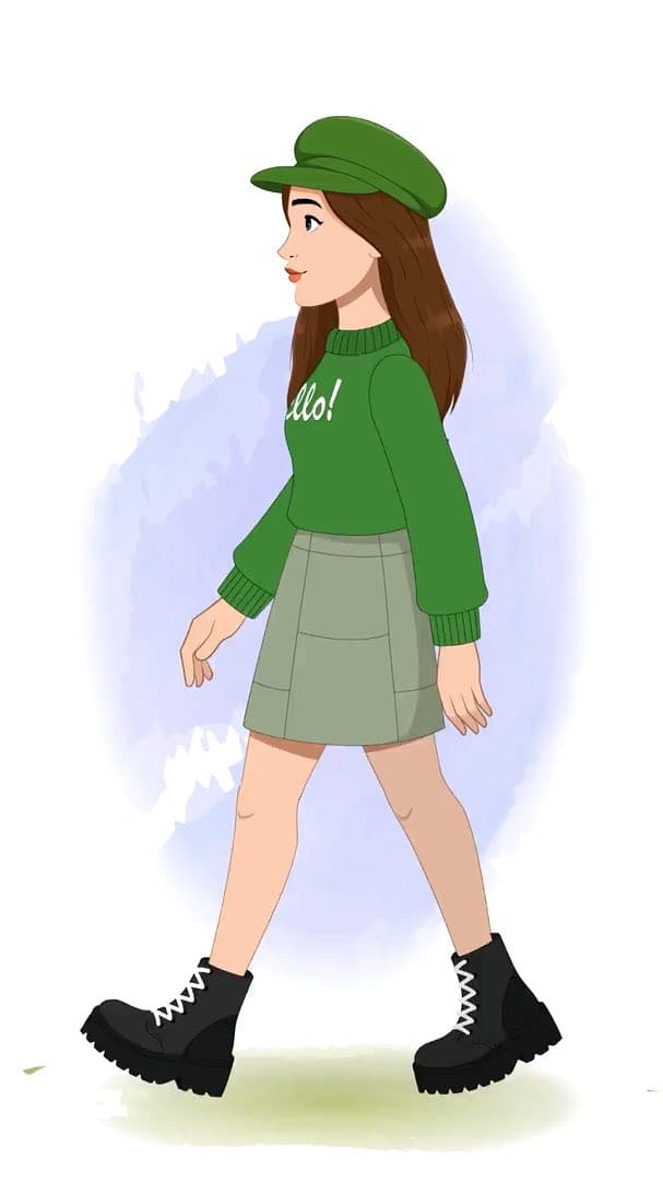 A young stylish woman in green sweater & miniskirt side walking animated character cartoon vector AKA julie