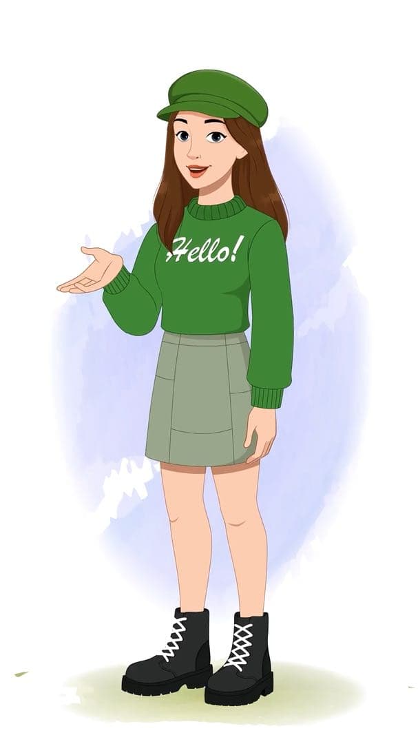 A young stylish woman in green sweater & miniskirt talking animated character cartoon vector AKA Julie