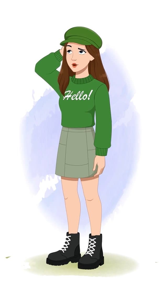 A confused young stylish woman in green sweater & miniskirt animated character cartoon vector AKA Julie