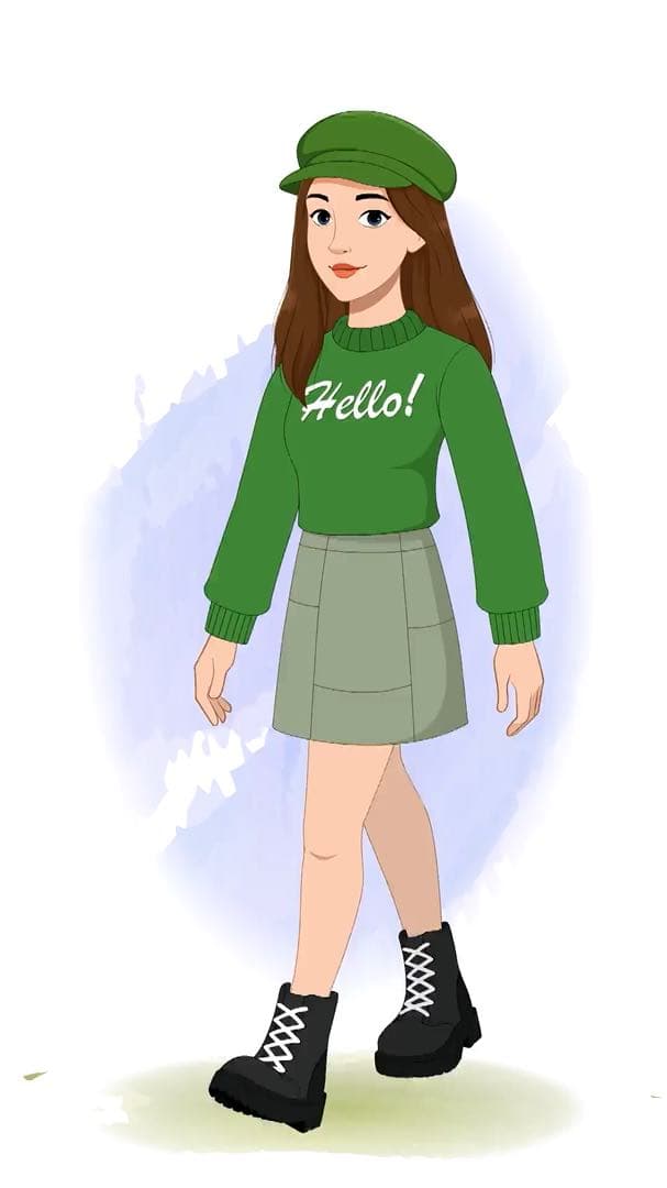 A young stylish woman in green sweater & miniskirt walking animated vector cartoon character AKA Julie