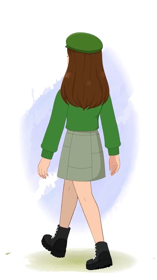 A young stylish woman in green sweater & miniskirt walking in back third view animated vector cartoon character AKA Julie
