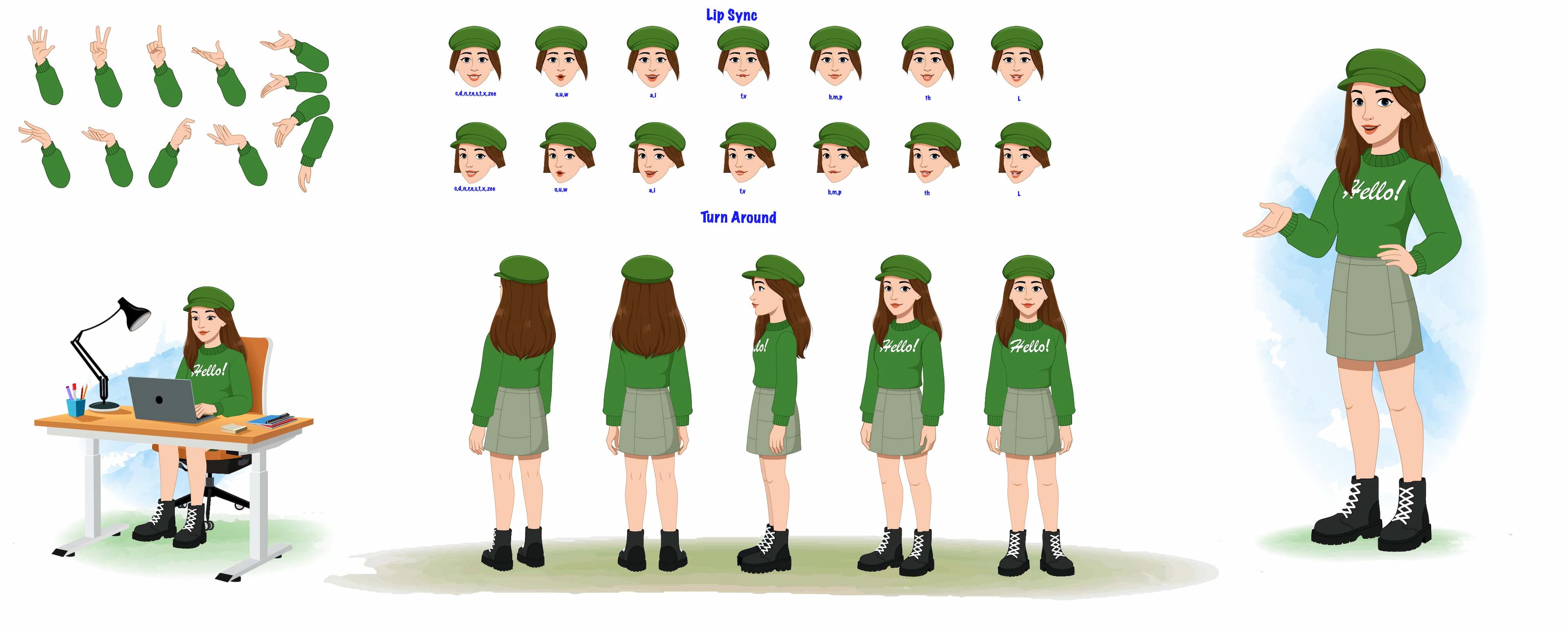 A young stylish woman in green sweater & miniskirt construction/model sheet vector cartoon character AKA Julie