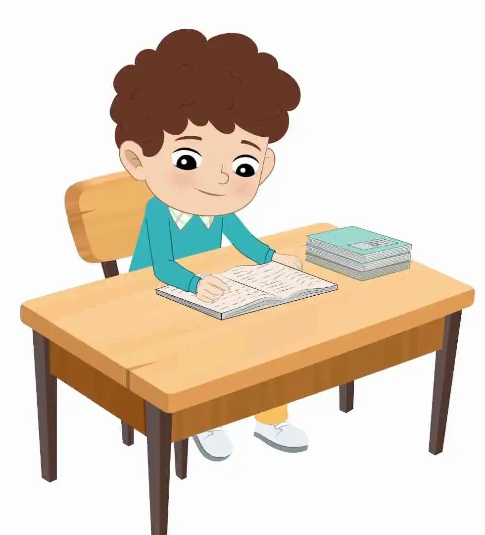 A smart boy reading a book and sitting on the table animated cartoon character aka roni