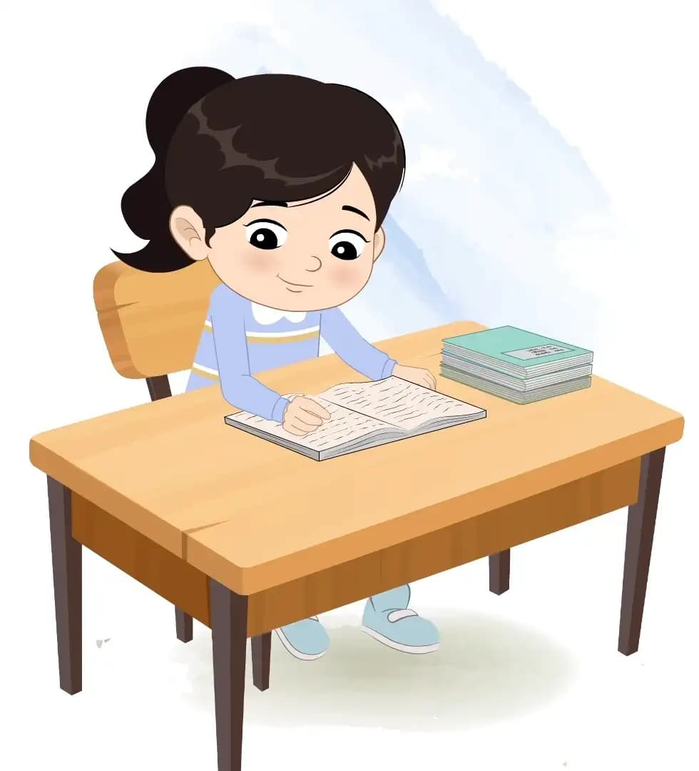 A little girl reading a book and sitting on the table animated cartoon character