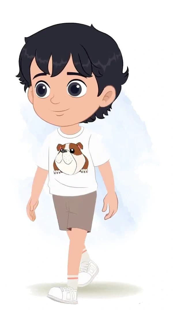 A cool boy 3/4 front view/three quarter view walking animated cartoon character aka min min 3/4