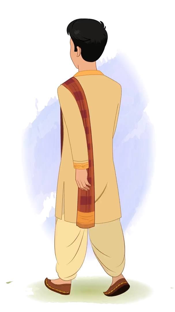 A young Indian boy walking in back third view animated vector cartoon character AKA Karthikeyan