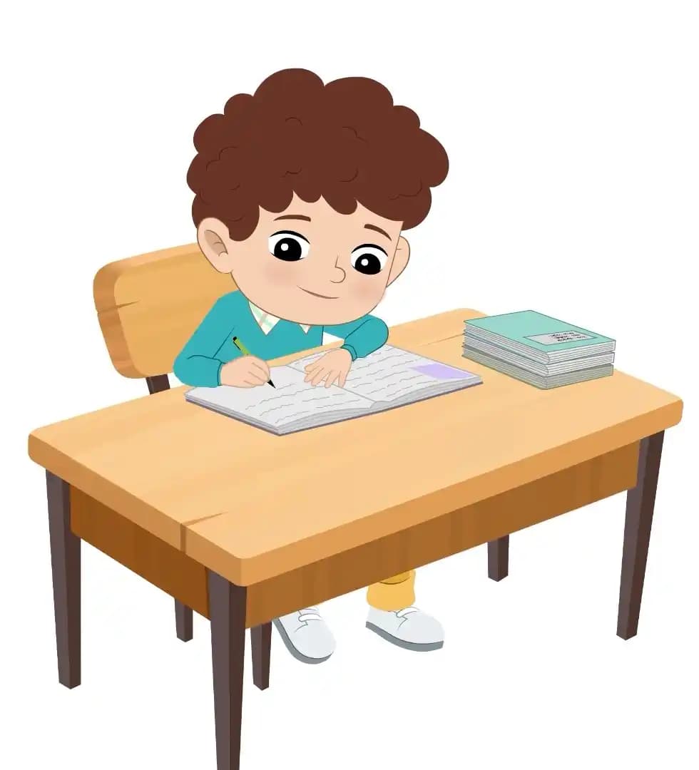 A smart boy doing homework and sitting on the table animated cartoon character aka roni