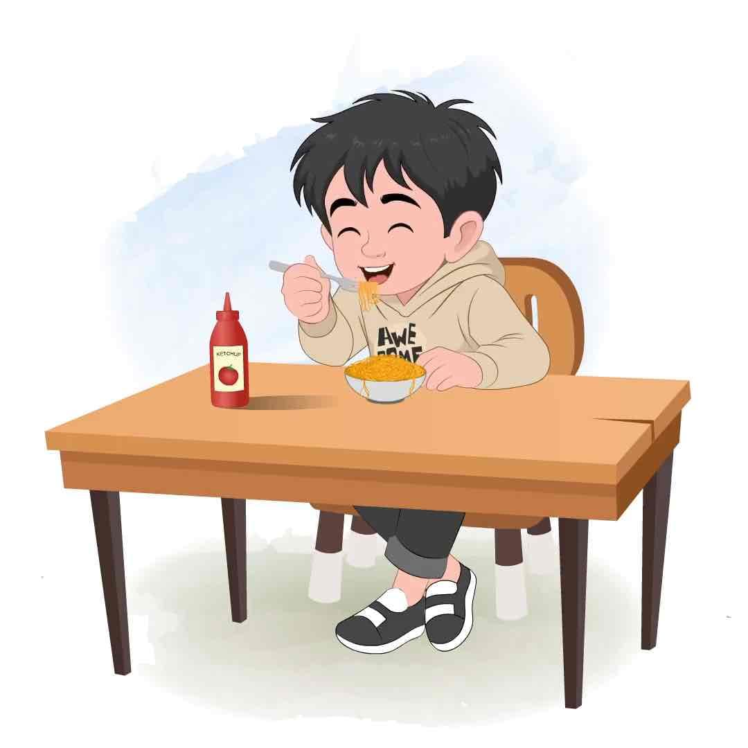 A little stylish boy eating noodles animated vector cartoon character AKA Ritvik