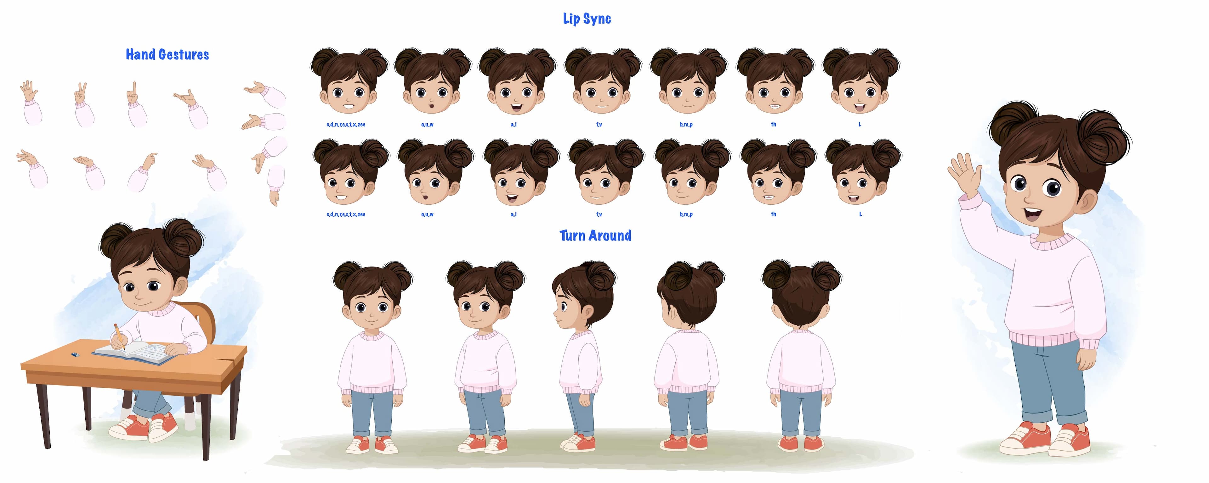 An adorable Indian girl model sheet vector cartoon character AKA Wamika