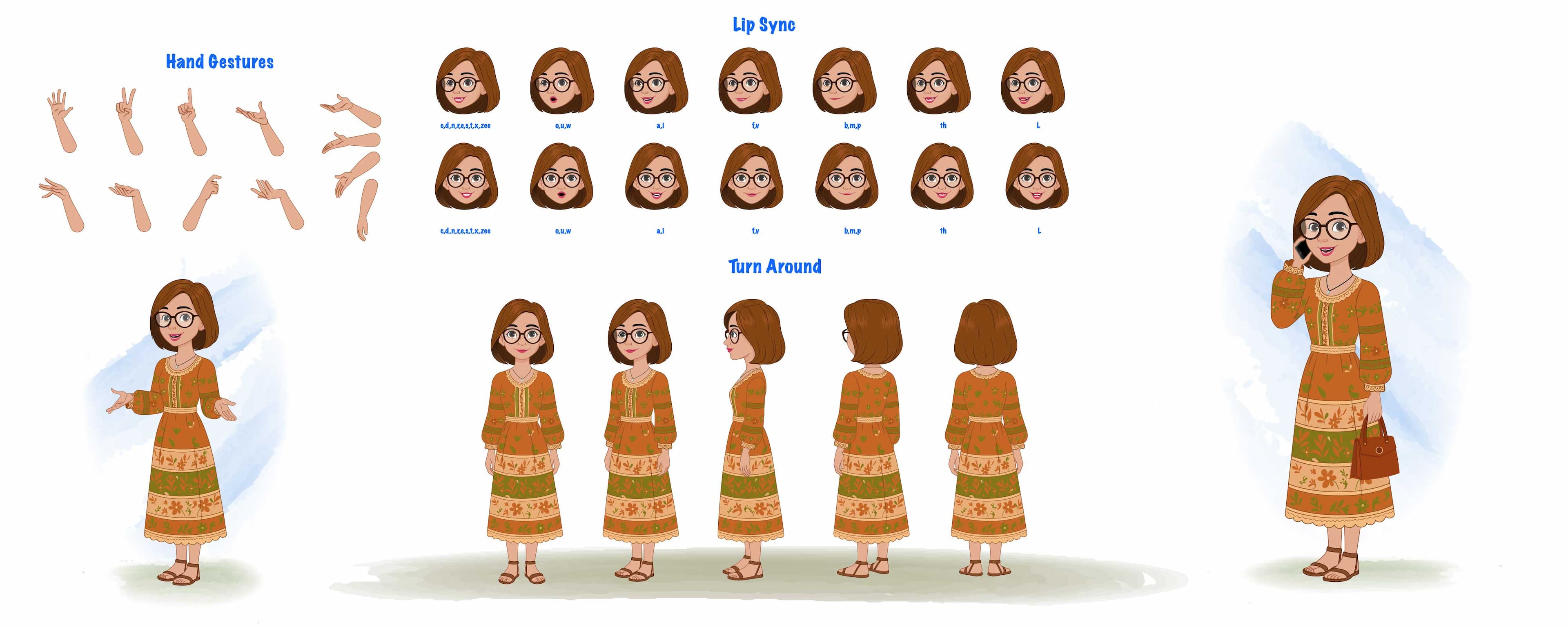 A beautiful woman in floral dress model sheet cartoon character