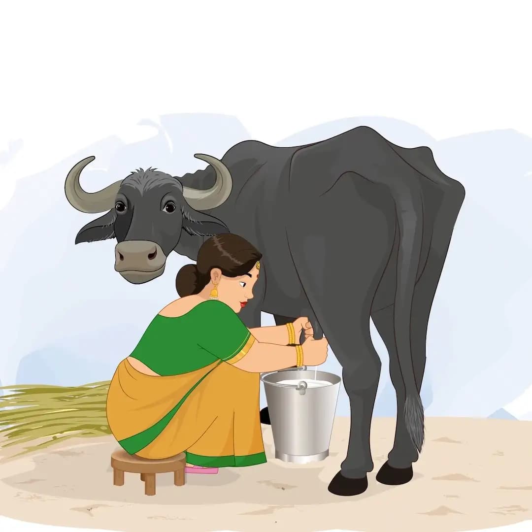 A fat Indian woman milking a buffalo animated vector cartoon character AKA Anuradha