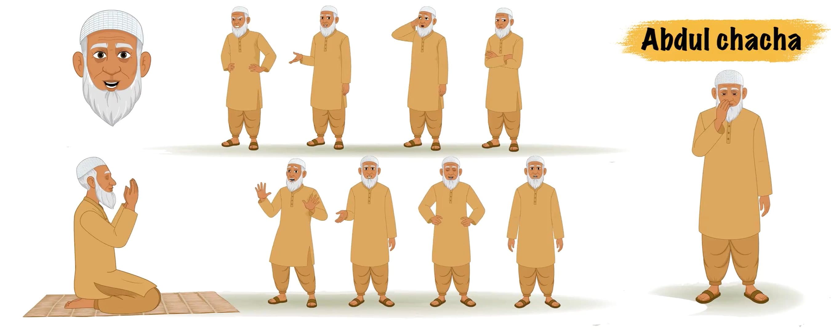 Old muslim man animated vector cartoon character model sheet