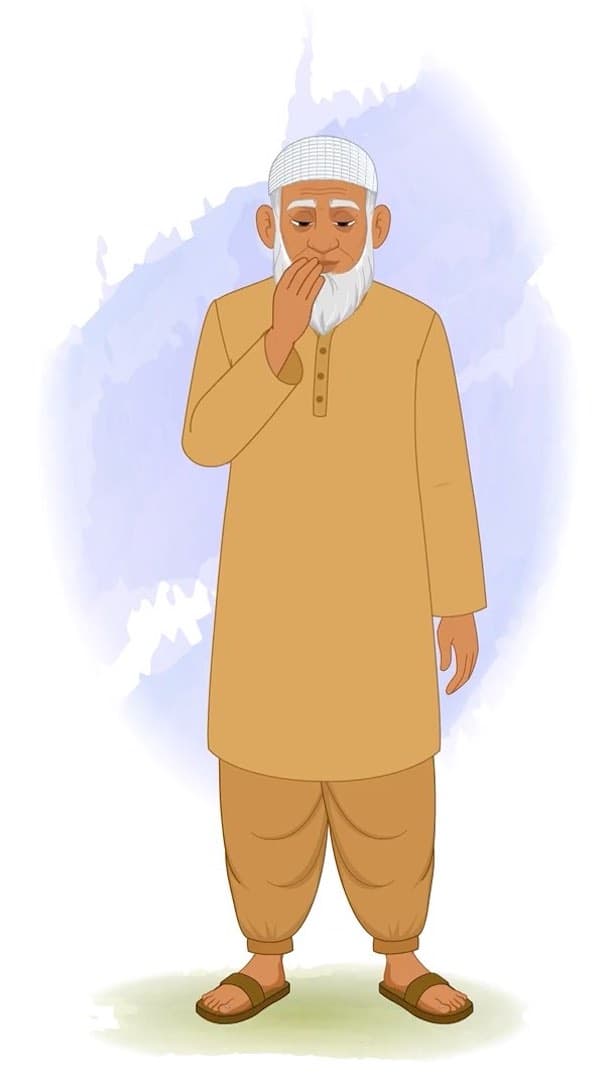 An old muslim man doing adab animated vector cartoon character AKA Abdul Chacha