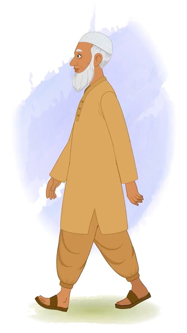 An old muslim man side walking animated vector cartoon character AKA Abdul Chacha