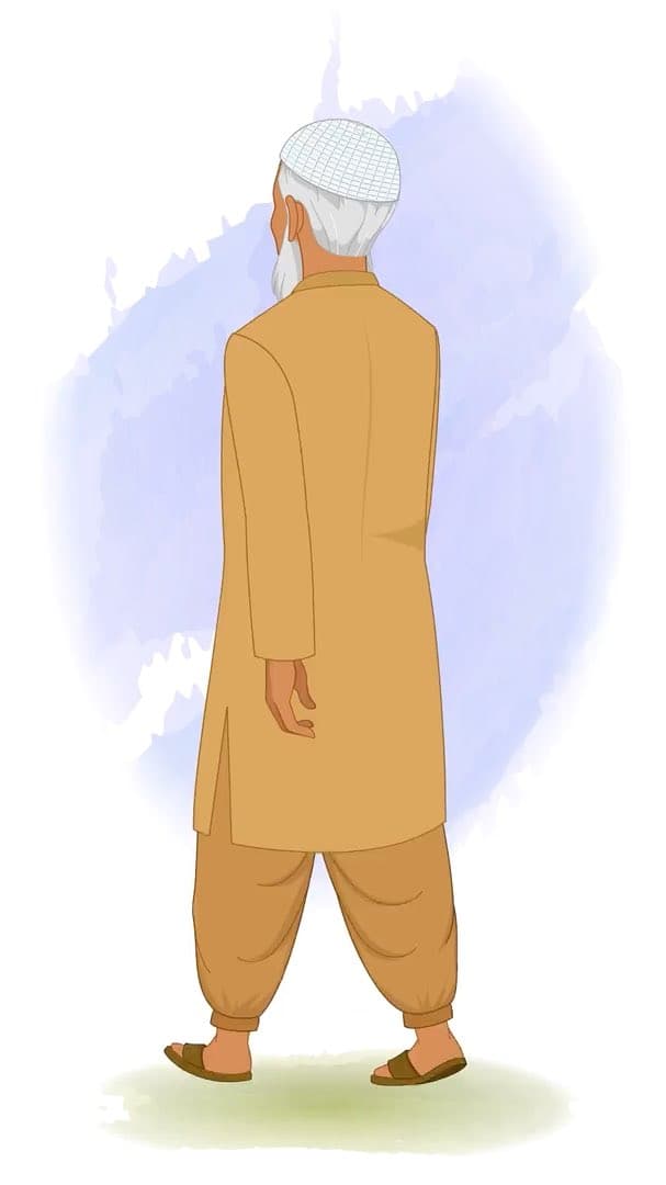 An old muslim man walking in back third view animated vector cartoon character AKA Abdul Chacha