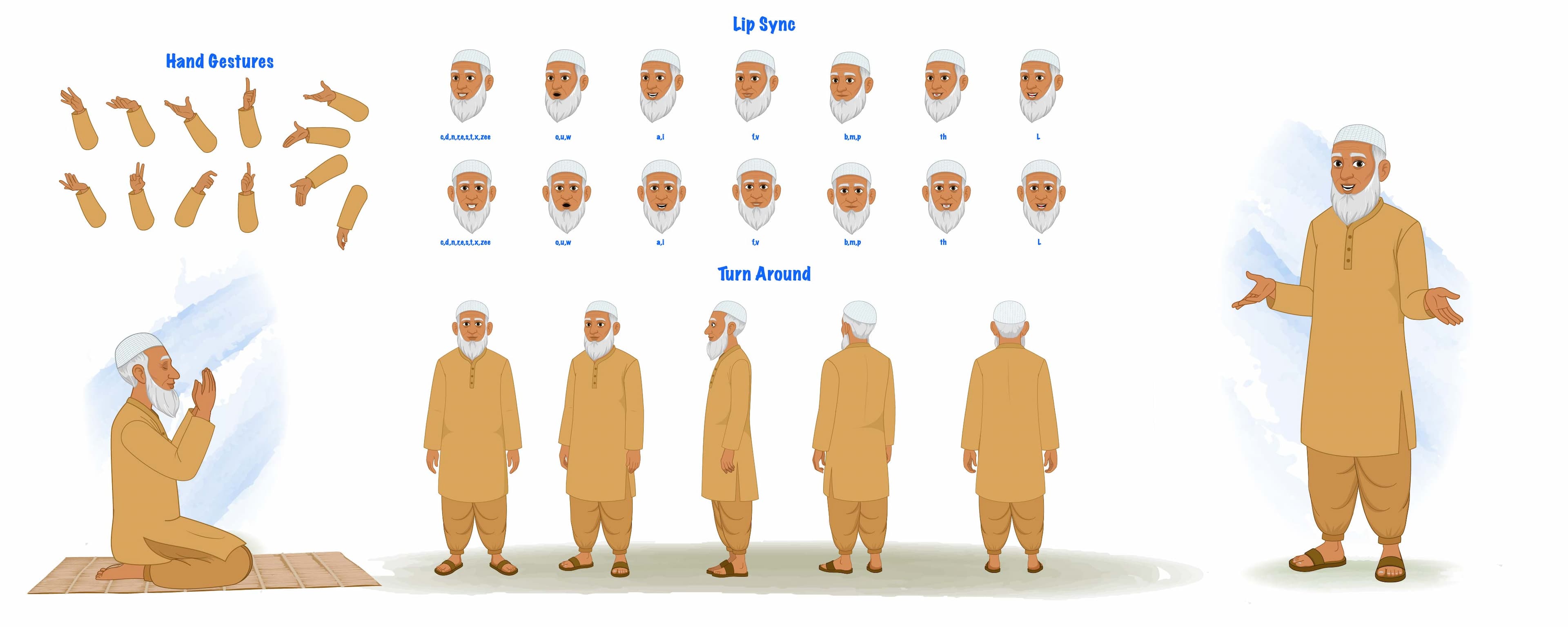 An old muslim man modelsheet vector cartoon character
