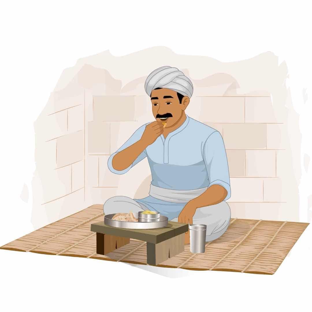 A young Indian village man eating food animated vector cartoon character AKA Mohan