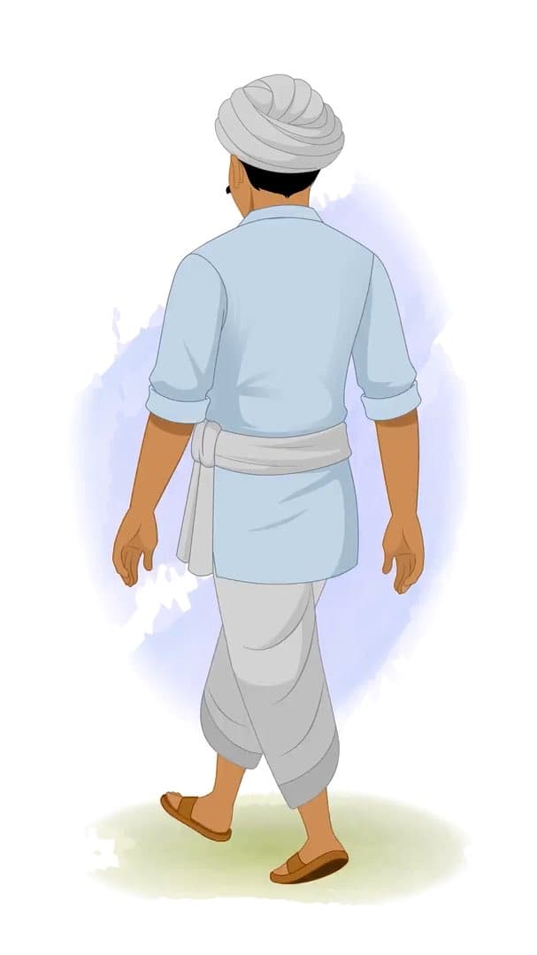 A young Indian village man walking in back third view animated vector cartoon character AKA Mohan