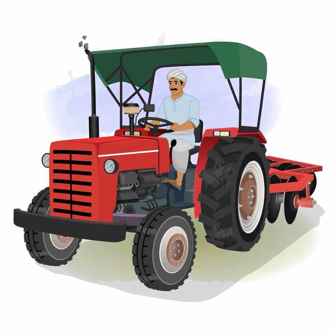 A young Indian village man driving tractor with harrow animated vector cartoon character AKA Mohan