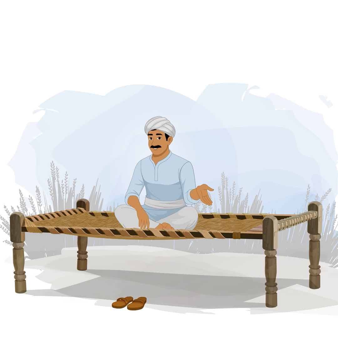 A young Indian village man talking while sitting in cot animated vector cartoon character AKA Mohan
