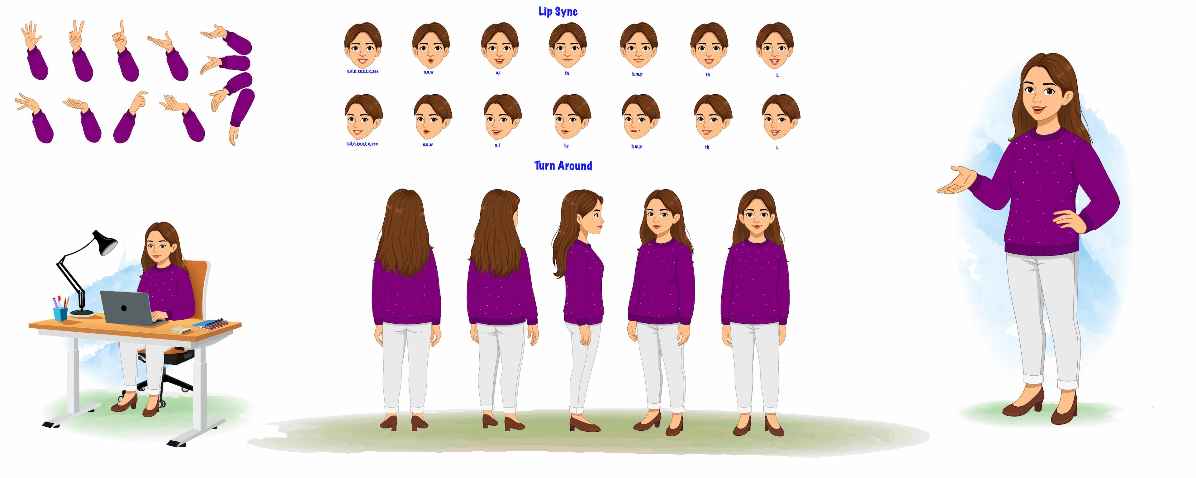 A young woman with purple sweater modelsheet/turnaround pose hand gesture and lip-sync vector cartoon character set AKA Aarohi