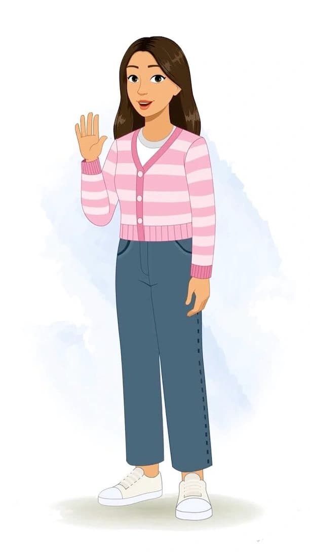 A pretty woman in pink sweater saying hi animated vector cartoon character AKA Senorita