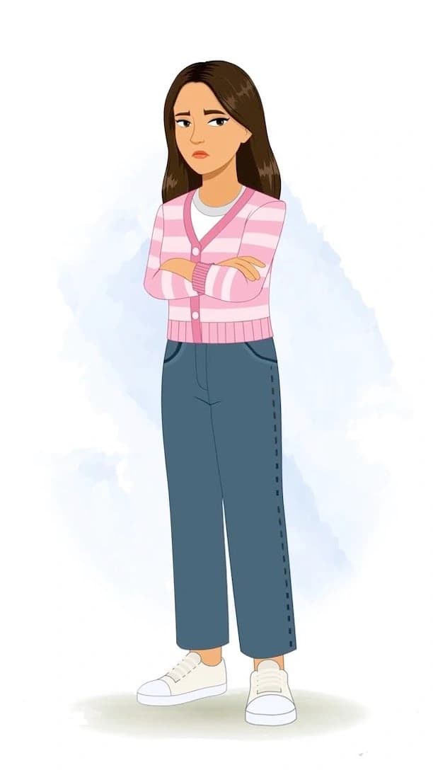 An annoyed pretty woman in pink sweater animated vector cartoon character AKA Senorita