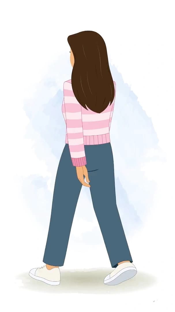 A pretty woman in pink sweater walking in back third view animated character cartoon vector AKA Senorita
