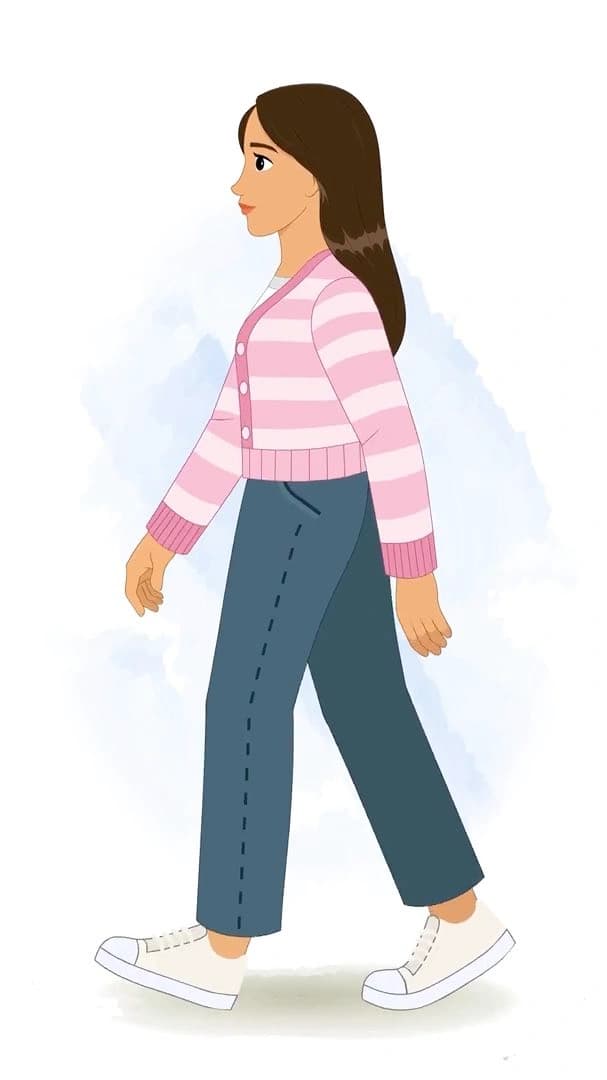 A pretty woman in pink sweater side walking animated vector cartoon character AKA Senorita