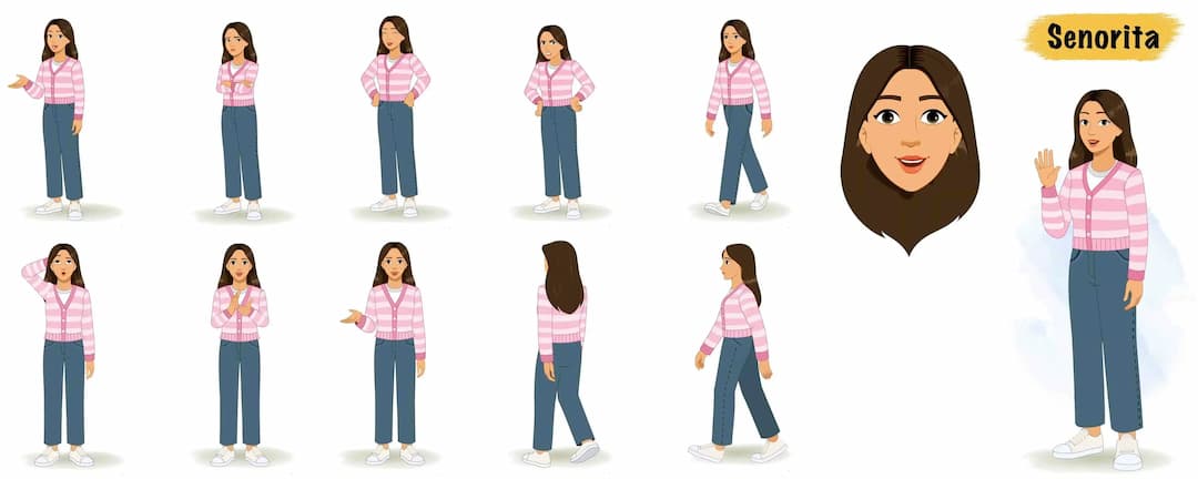 Pretty woman in pink sweater animated vector cartoon character model sheet AKA Senorita