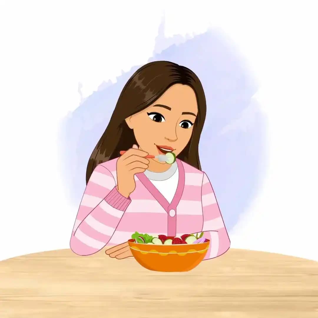A pretty woman in pink sweater eating salad animated character cartoon vector AKA Senorita