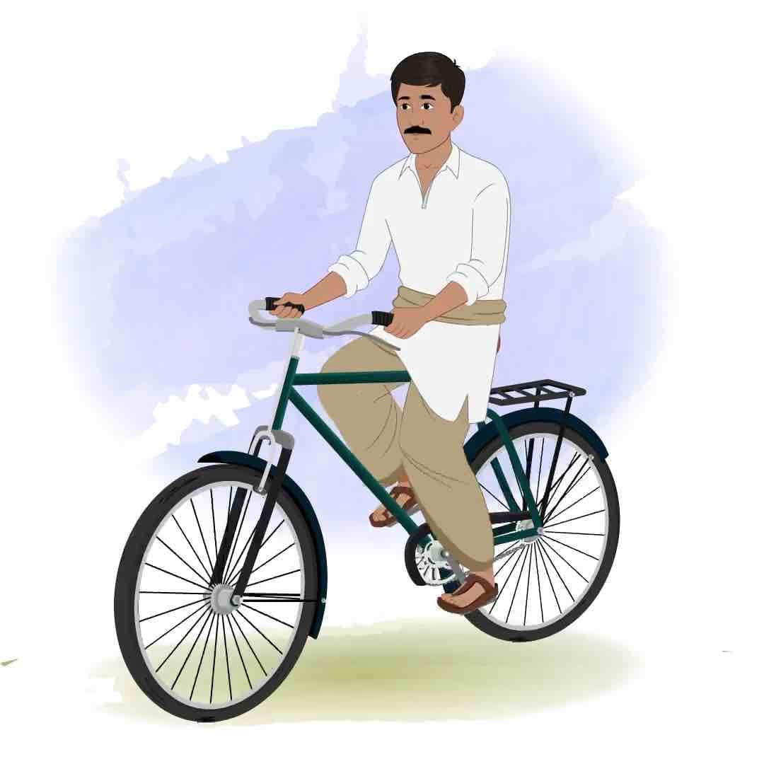 A young Indian farmer riding bicycle animated vector cartoon character AKA Ramesh