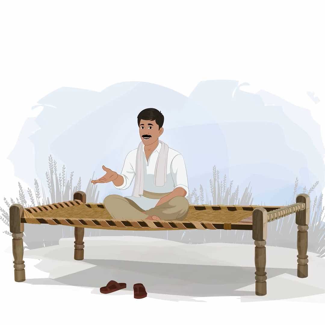 A young Indian farmer talking while sitting in cot animated vector cartoon character AKA Ramesh