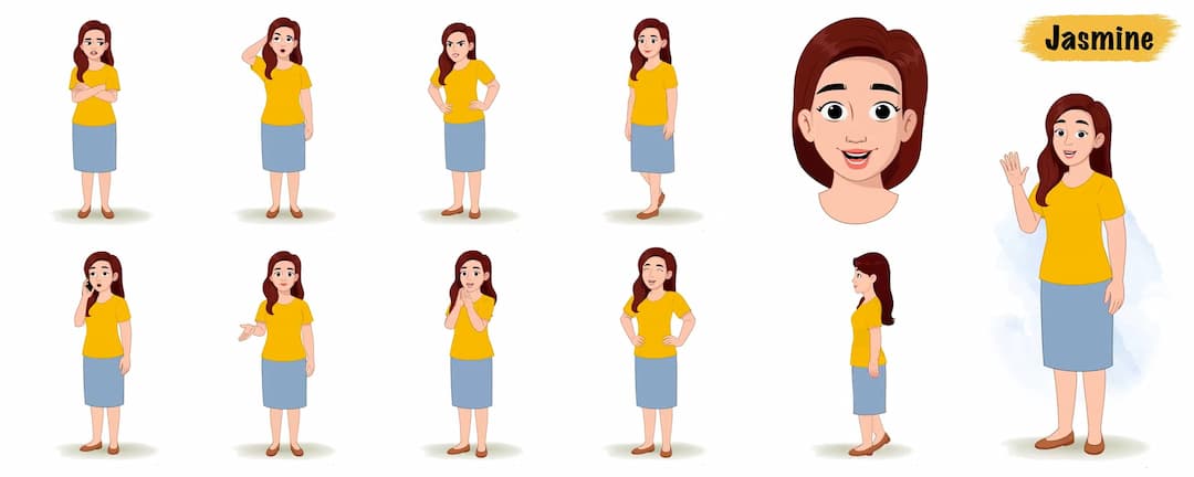 American woman animated vector cartoon character model sheet AKA Jasmine