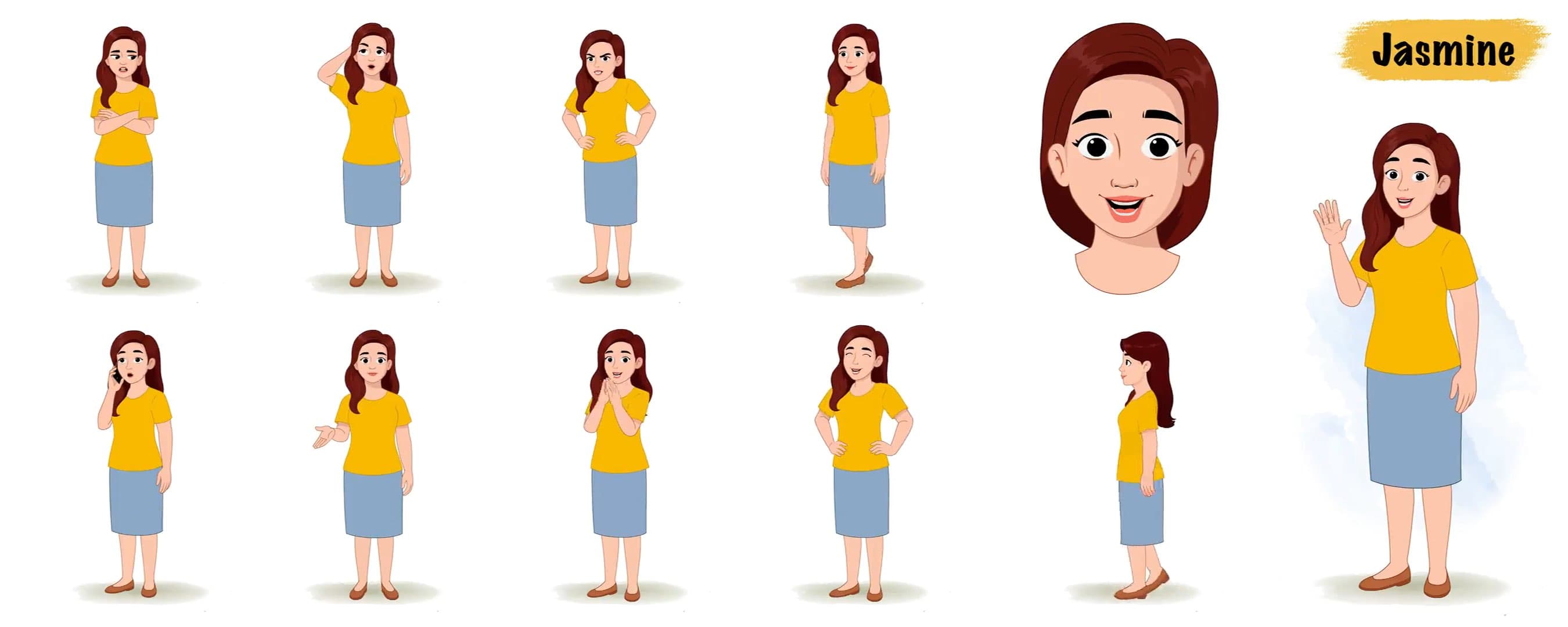 American woman animated vector cartoon character model sheet AKA Jasmine