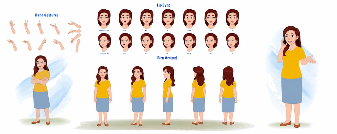 An American woman modelsheet/turnaround pose hand gesture and lip-sync vector cartoon character set AKA Jasmine